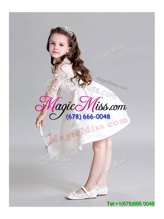 wholesale affordable high neck laced flower girl dress with long sleeves