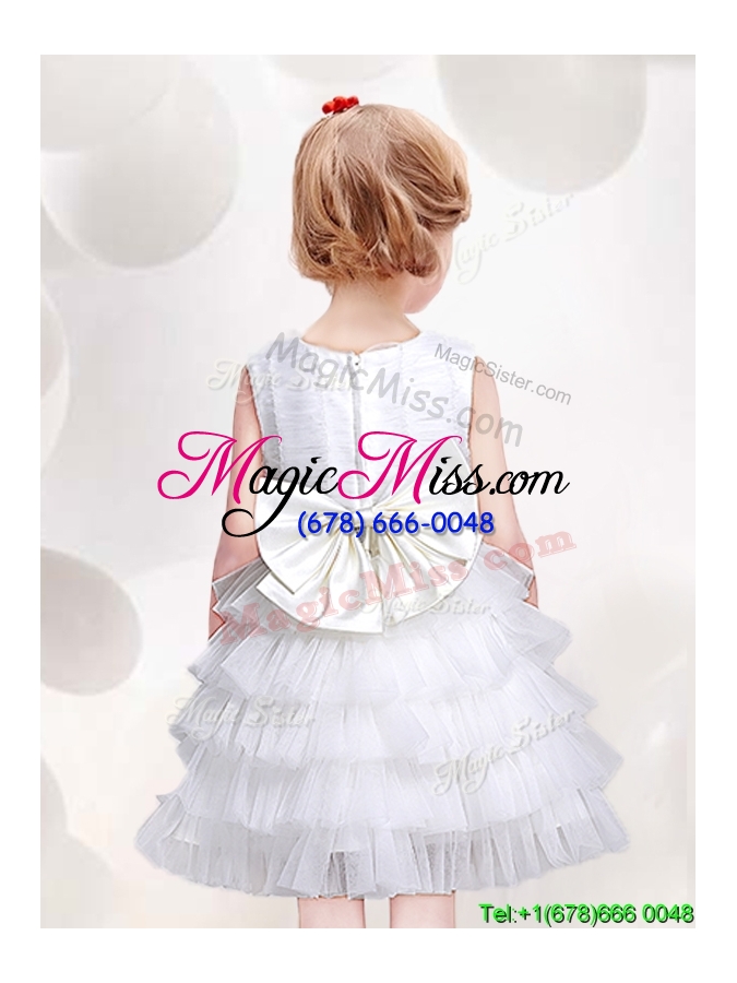 wholesale low price ruffled layers and bowknot scoop white flower girl dress in white