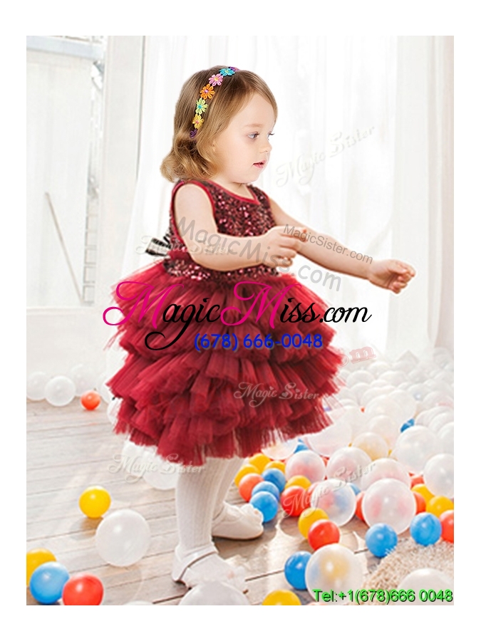 wholesale lovely wine red short flower girl dress with sequins and ruffled layers