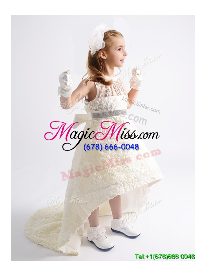 wholesale lovely see through beaded and bowknot flower girl dress in rolling flowers