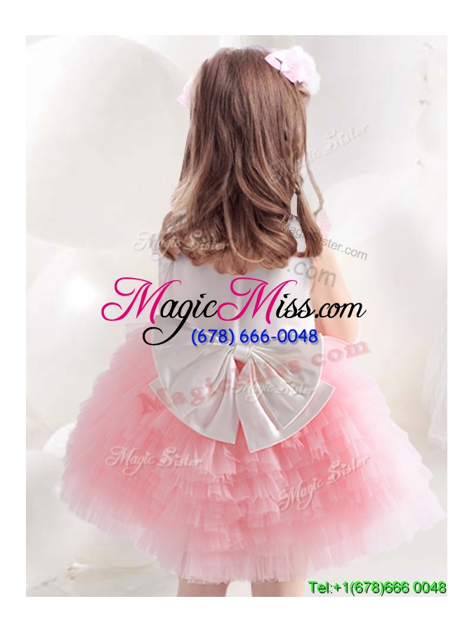 wholesale classical bowknot and ruffled layers flower girl dress in pink and white