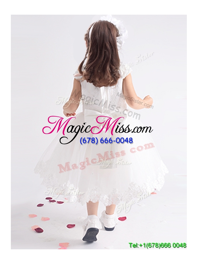 wholesale handcrafted flowers decorated scoop flower girl dress with cap sleeves