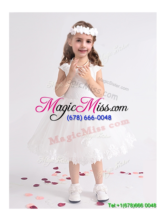 wholesale handcrafted flowers decorated scoop flower girl dress with cap sleeves