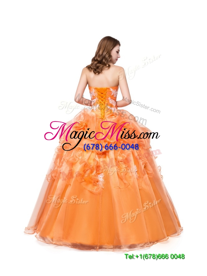 wholesale puffy sweetheart organza orange quinceanera dress with appliques and handcraft