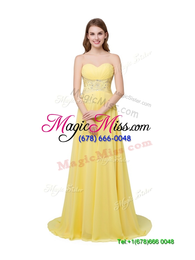 wholesale fashionable sweetheart brush train chiffon lace up beaded prom dresses in coral red