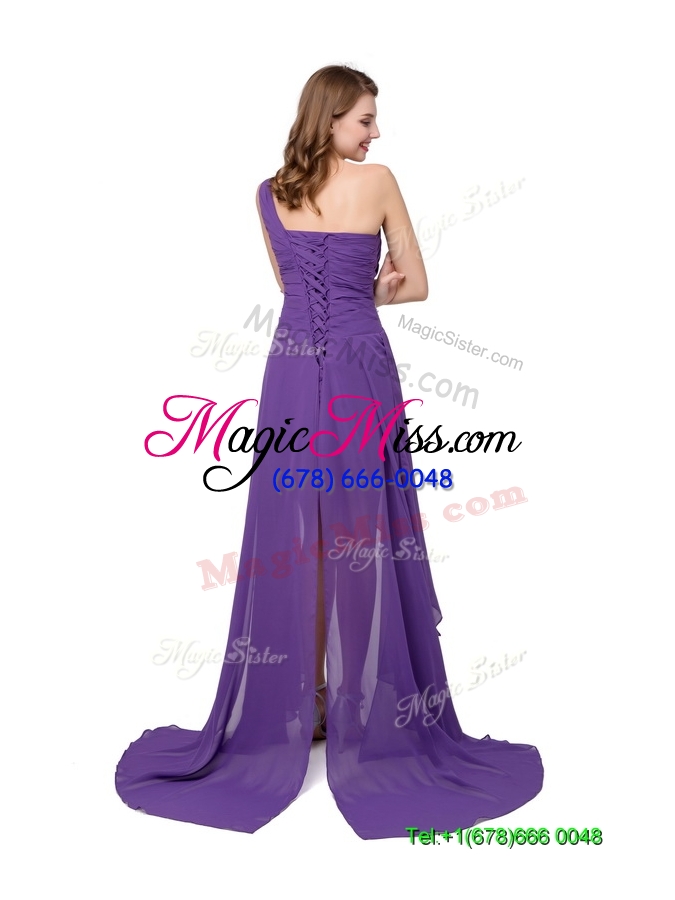 wholesale fashionable one shoulder chiffon high-low lace up prom dresses in purple