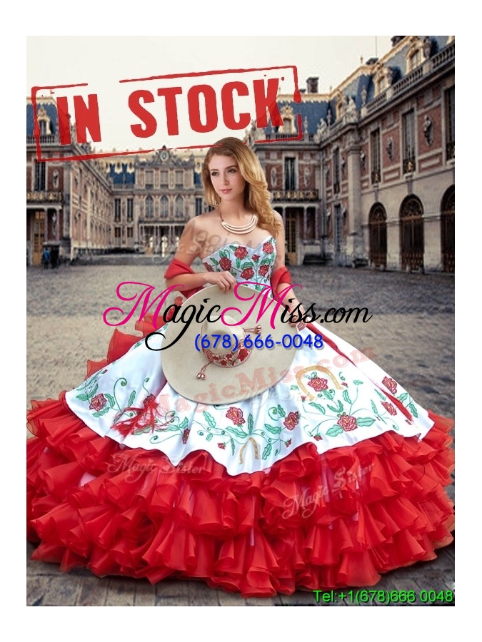 wholesale luxurious white and red quinceanera dresses with ruffled layers and embroidery