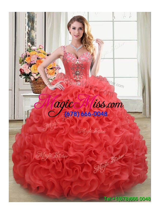 wholesale 2017 see through straps beaded and ruffled rolling flowers back sweet 15 dress in coral red