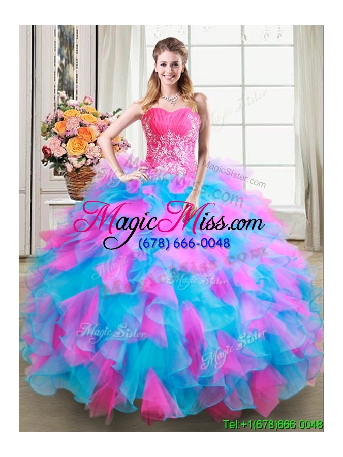 wholesale gorgeous puffy zipper up tulle and organza quinceanera dress in pink and blue