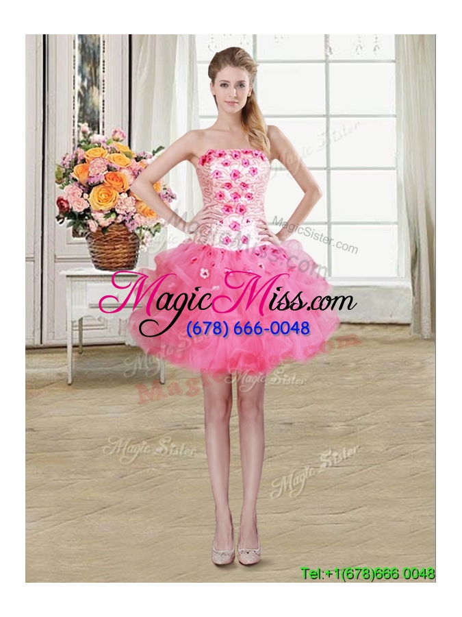 wholesale pretty puffy strapless hot pink detachable quinceanera dress with appliques and ruffles