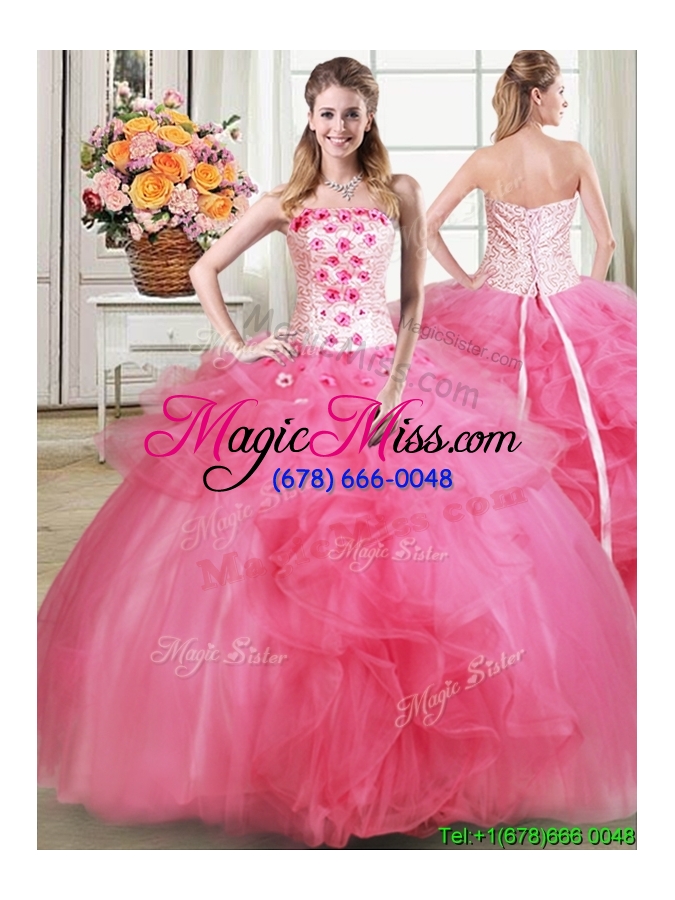 wholesale pretty puffy strapless hot pink detachable quinceanera dress with appliques and ruffles