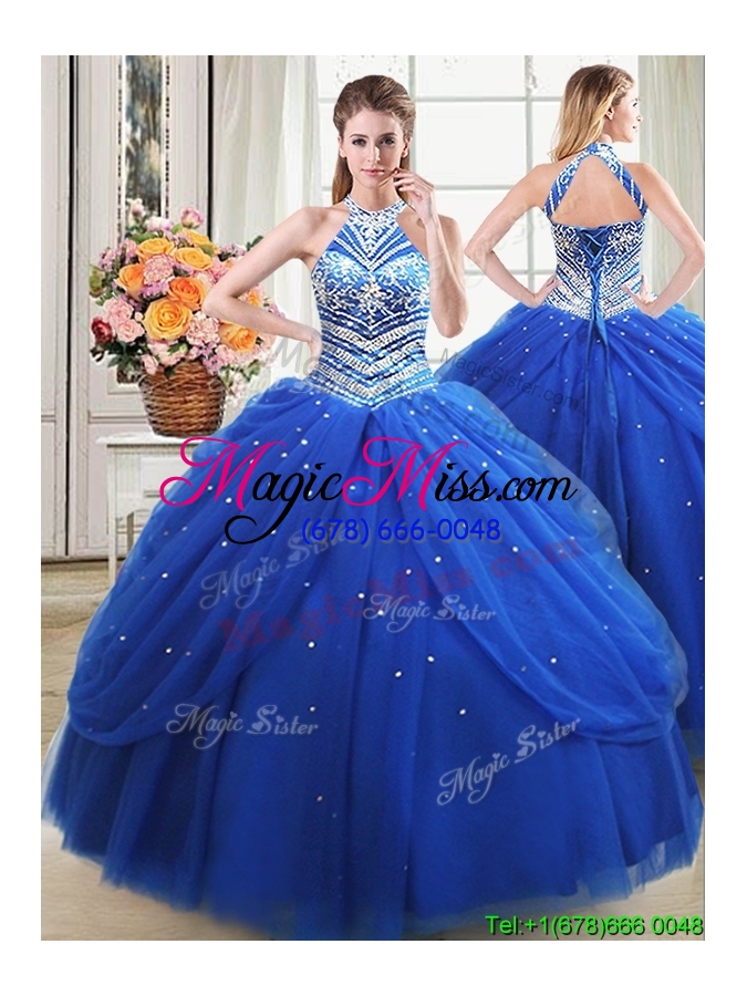 wholesale unique puffy halter top tulle beaded decorated detachable quinceanera dress in royal blue