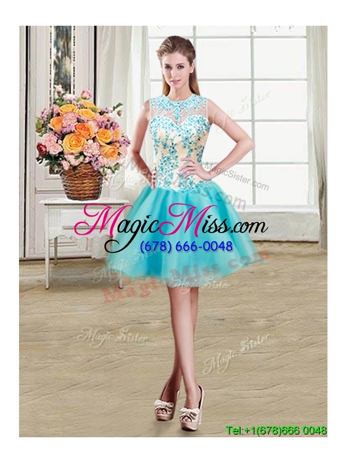 wholesale see through puffy scoop ruffled and beaded bodice organza detachable quinceanera dress in aqua blue