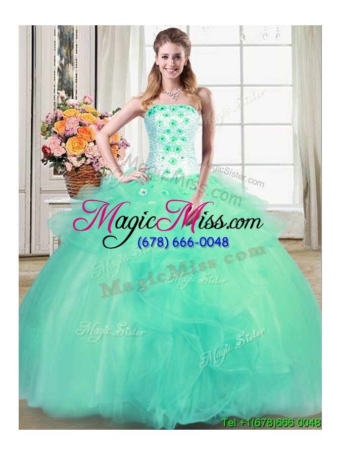 wholesale gorgeous strapless beaded turquoise quinceanera dress with appliques and ruffles