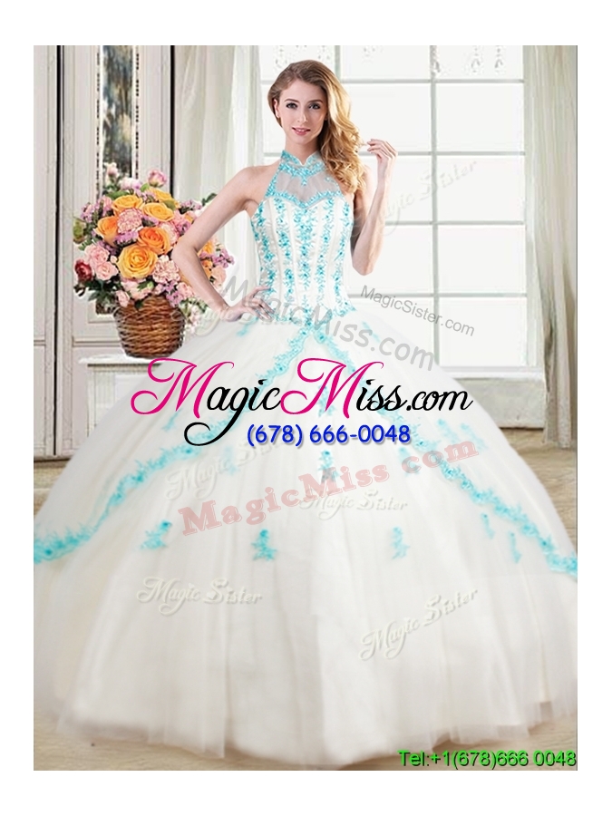 wholesale cheap see through puffy halter top white quinceanera dress with appliques and beading