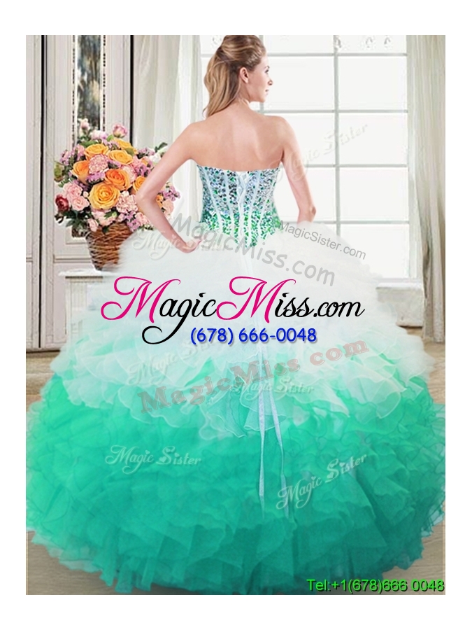 wholesale best selling puffy white and green quinceanera dress with beading and ruffles