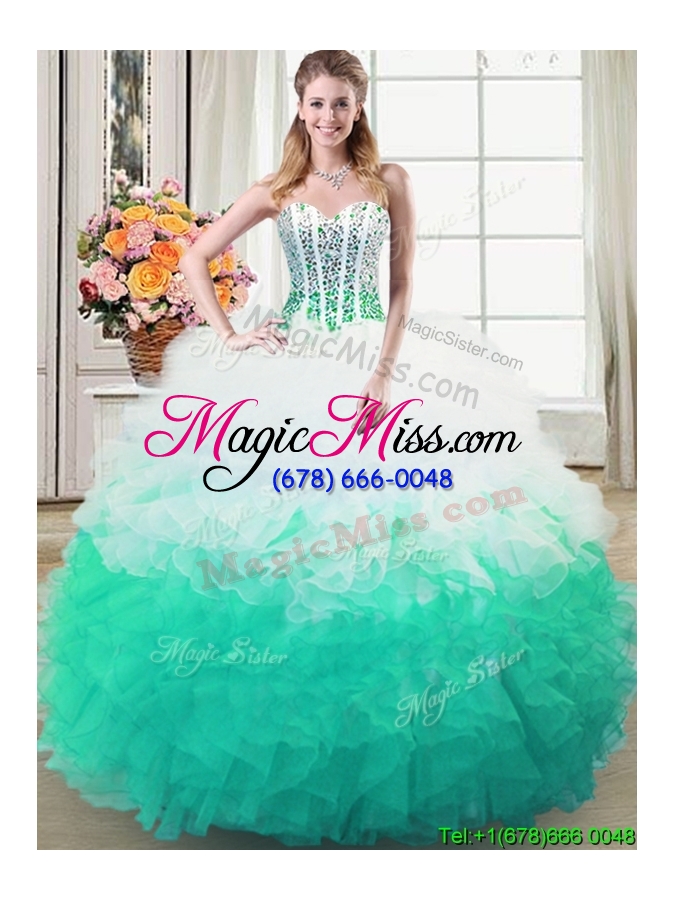 wholesale best selling puffy white and green quinceanera dress with beading and ruffles
