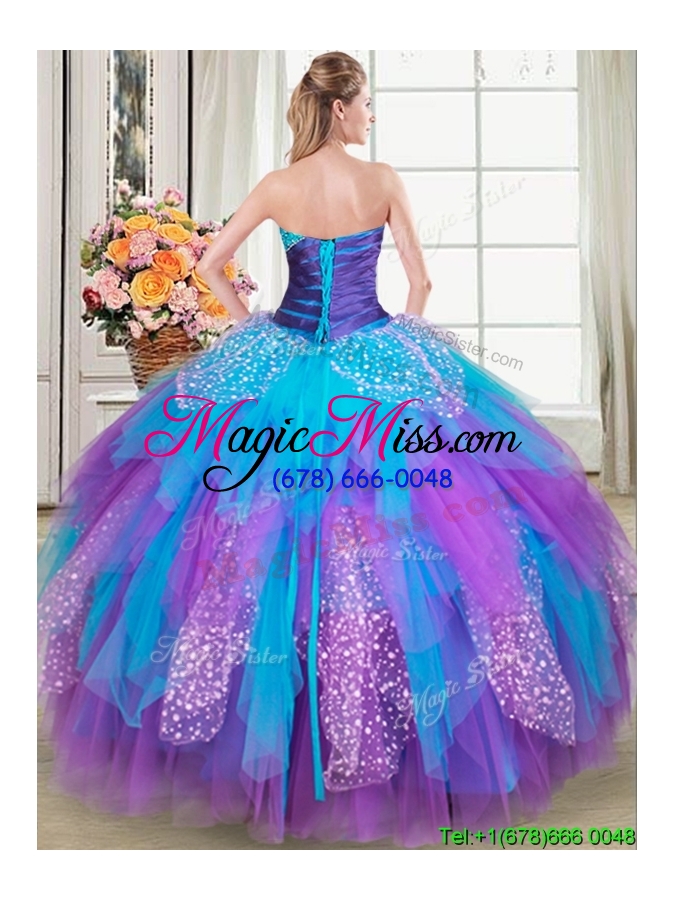 wholesale discount puffy beaded and ruffled rainbow colored quinceanera dress in tulle and sequins