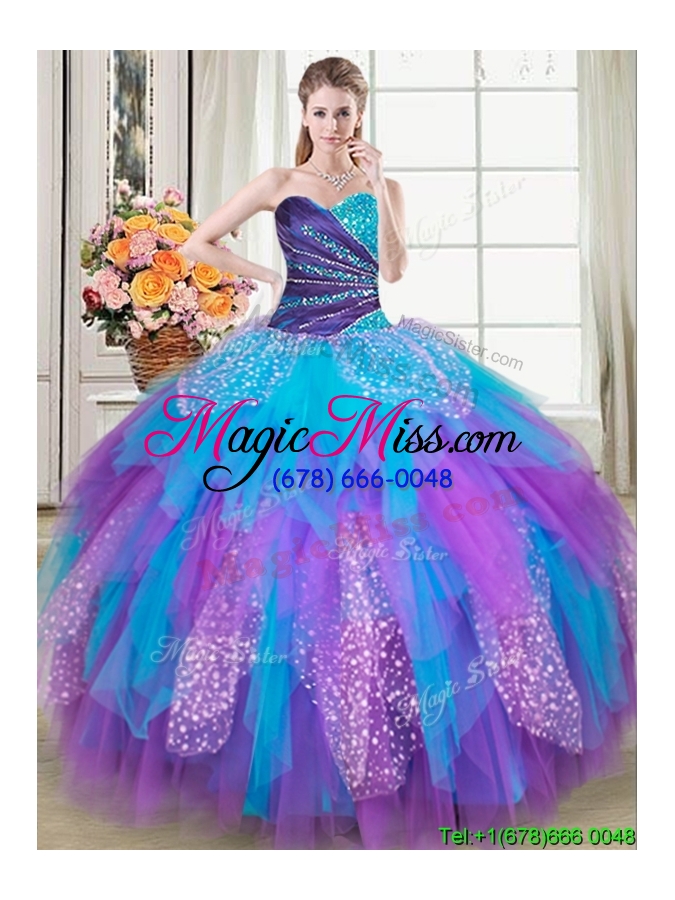 wholesale discount puffy beaded and ruffled rainbow colored quinceanera dress in tulle and sequins