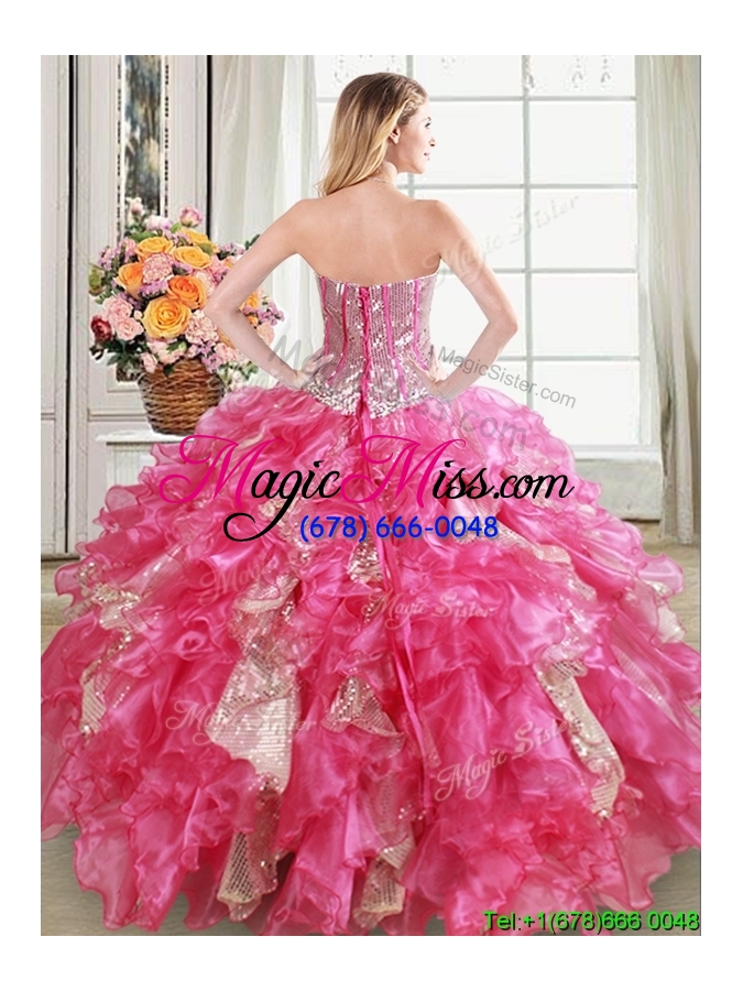 wholesale gorgeous visible boning ruffled hot pink quinceanera dress in organza and sequins