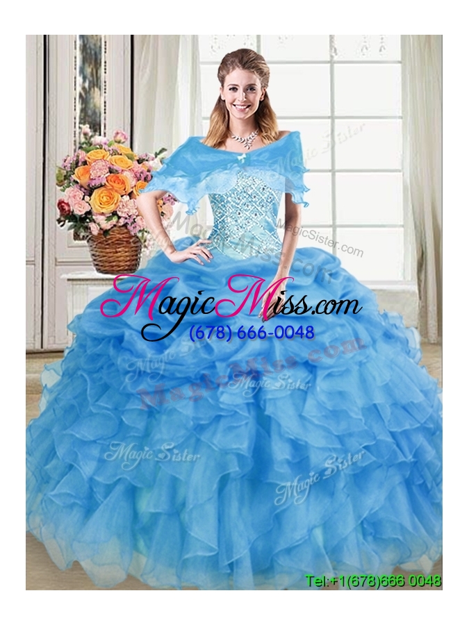 wholesale informal sweetheart organza beaded and pick up quinceanera dress in blue