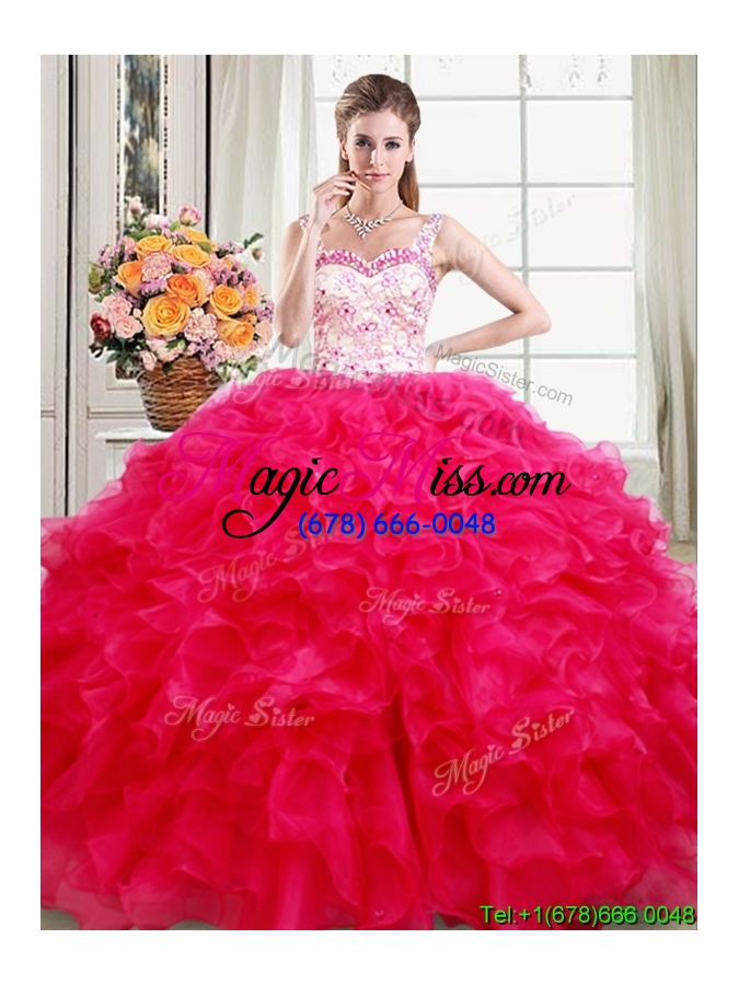 wholesale wonderful laced bodice beaded top ruffled quinceanera dress in hot pink