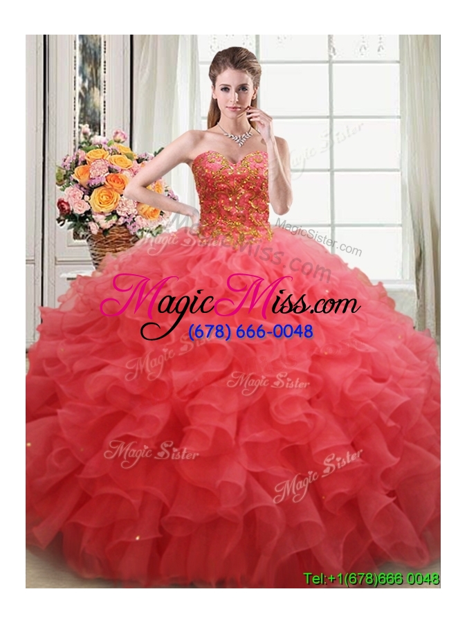 wholesale elegant puffy beaded and ruffled organza quinceanera dress in coral red