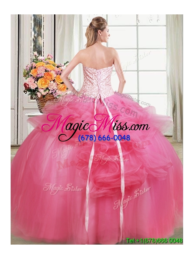 wholesale fashionable beaded strapless hot pink quinceanera dress with appliques and ruffles