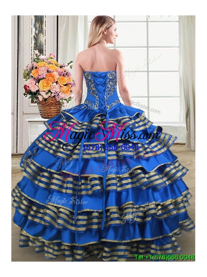wholesale fashionable taffeta blue quinceanera dress with embroidery and ruffled layers