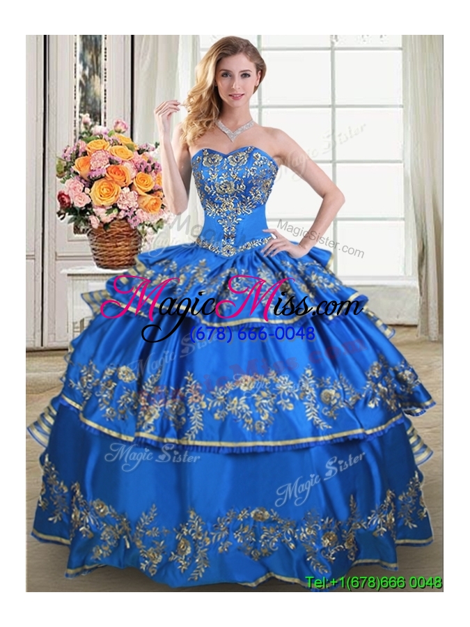 wholesale fashionable taffeta blue quinceanera dress with embroidery and ruffled layers