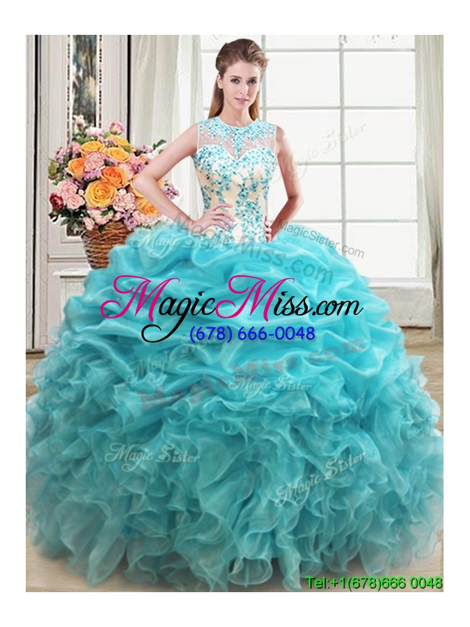 wholesale fashionable ruffled and beaded bodice organza quinceanera dress in aqua blue