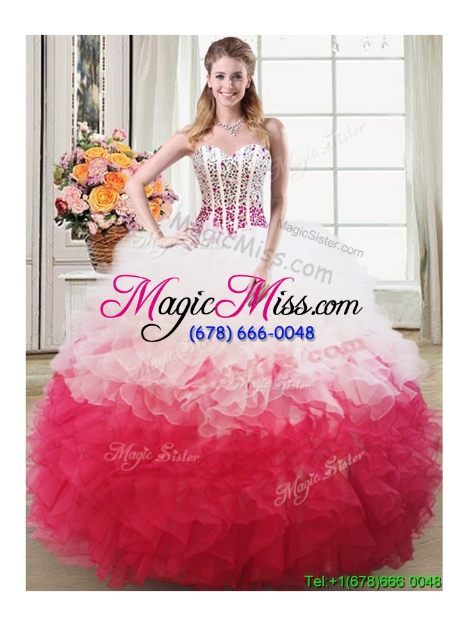 wholesale most popular puffy beaded bodice and ruffled quinceanera dress in white and red