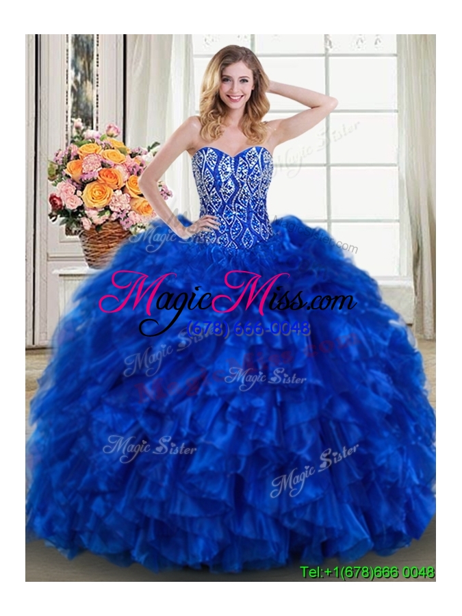 wholesale classical ruffled beaded bodice royal blue quinceanera dress with brush train