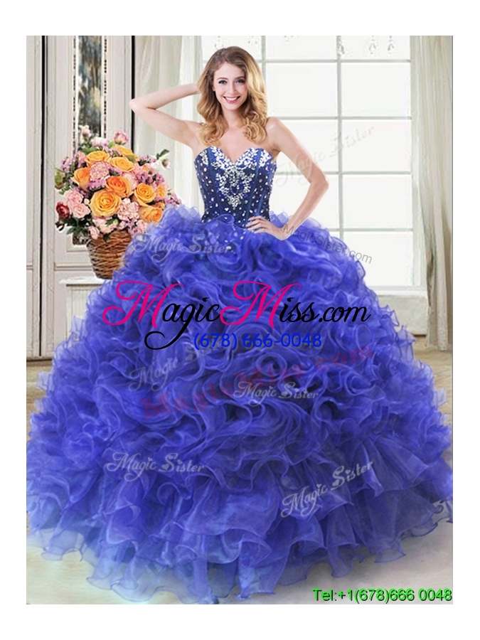 wholesale beautiful sweetheart ruffled and beaded organza quinceanera dress in royal blue