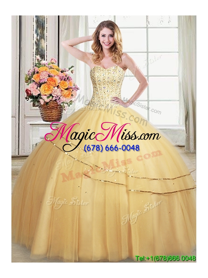wholesale simple sequined and beaded bodice tulle quinceanera dress in gold
