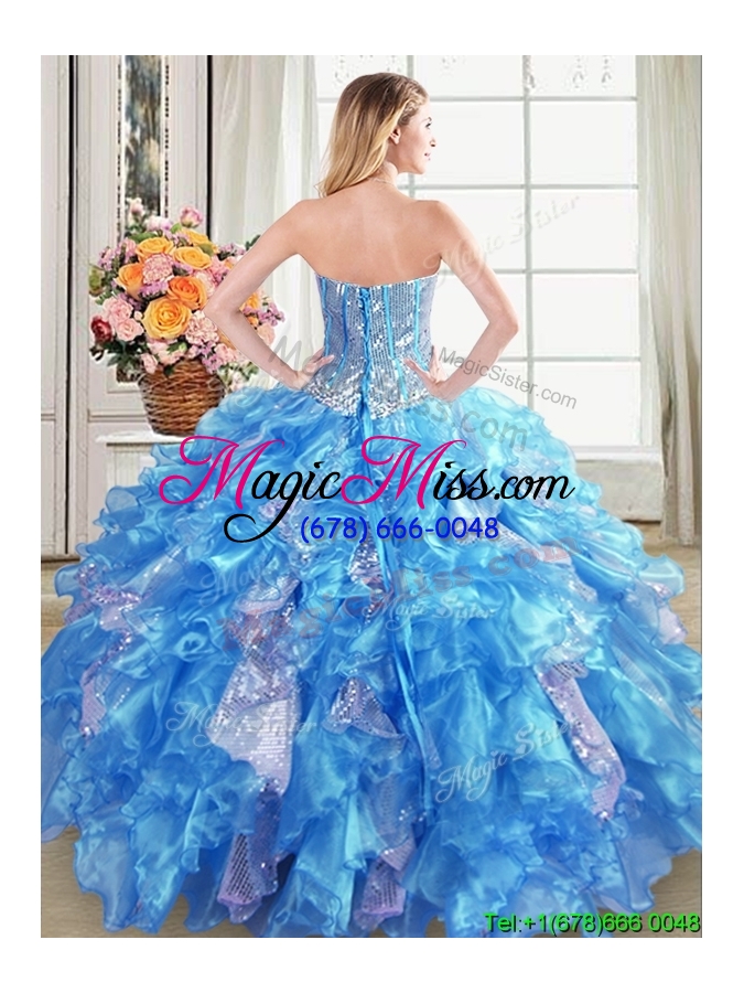 wholesale unique visible boning sweetheart ruffled baby blue quinceanera dress in organza and sequins