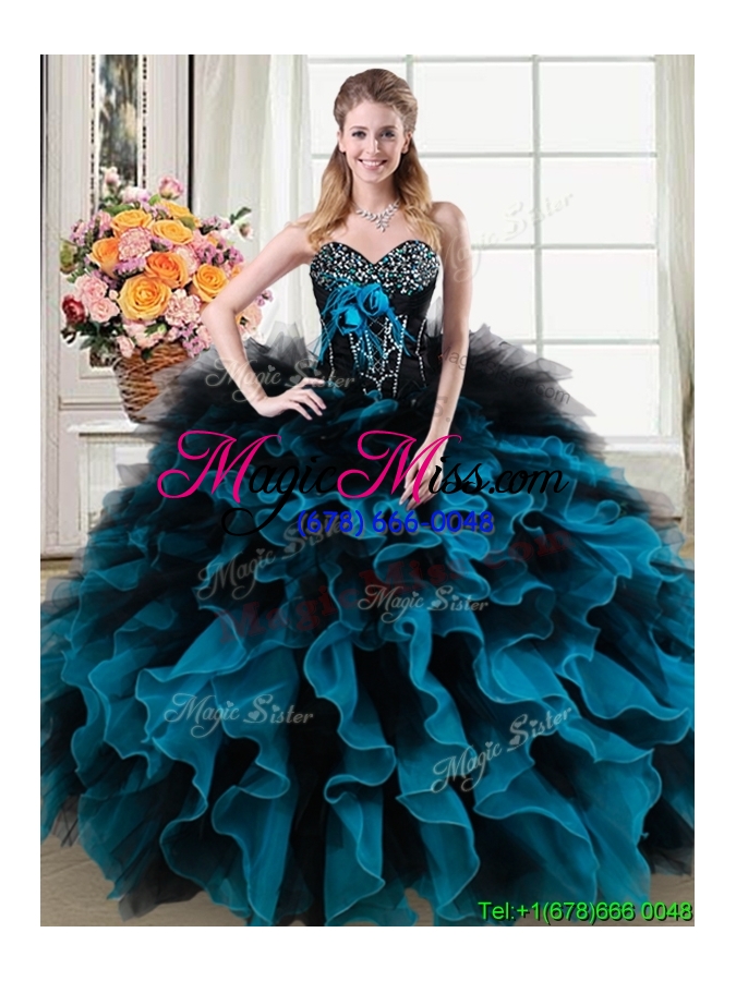 wholesale classical beaded and ruffled quinceanera gown in black and blue