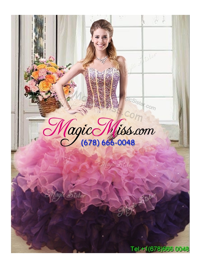 wholesale high end puffy beaded bodice and ruffled quinceanera dress in multi color