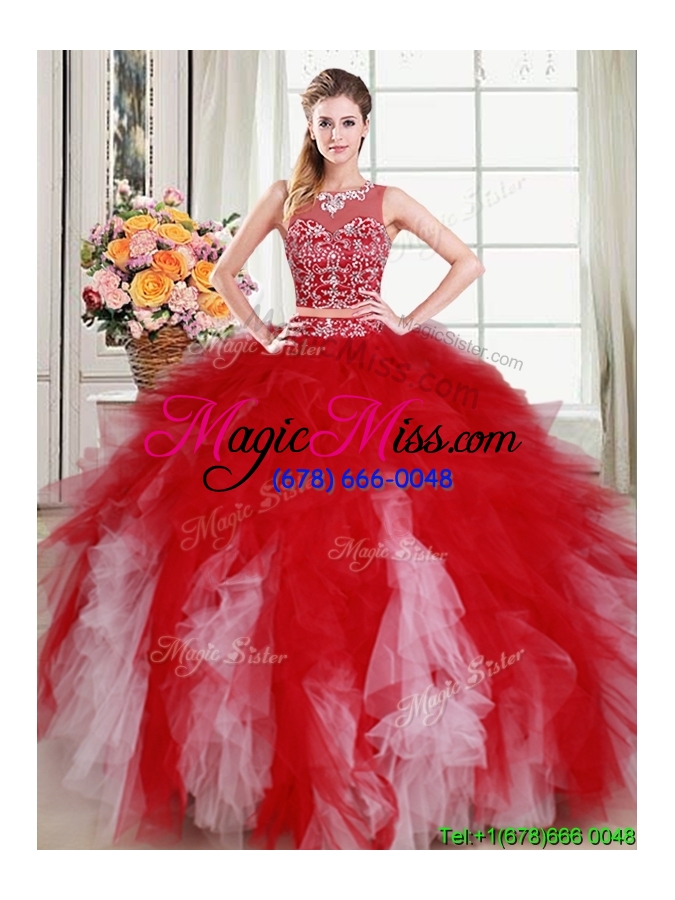 wholesale sexy two piece see through scoop red and white quinceanera dress with beading