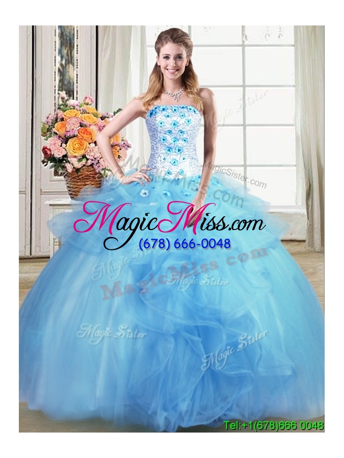wholesale pretty puffy strapless applique and ruffled quinceanera dress in light blue