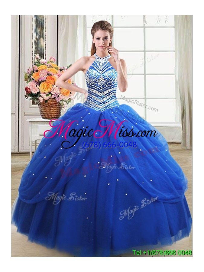 wholesale beautiful halter top beaded decorated royal blue quinceanera dress in tulle