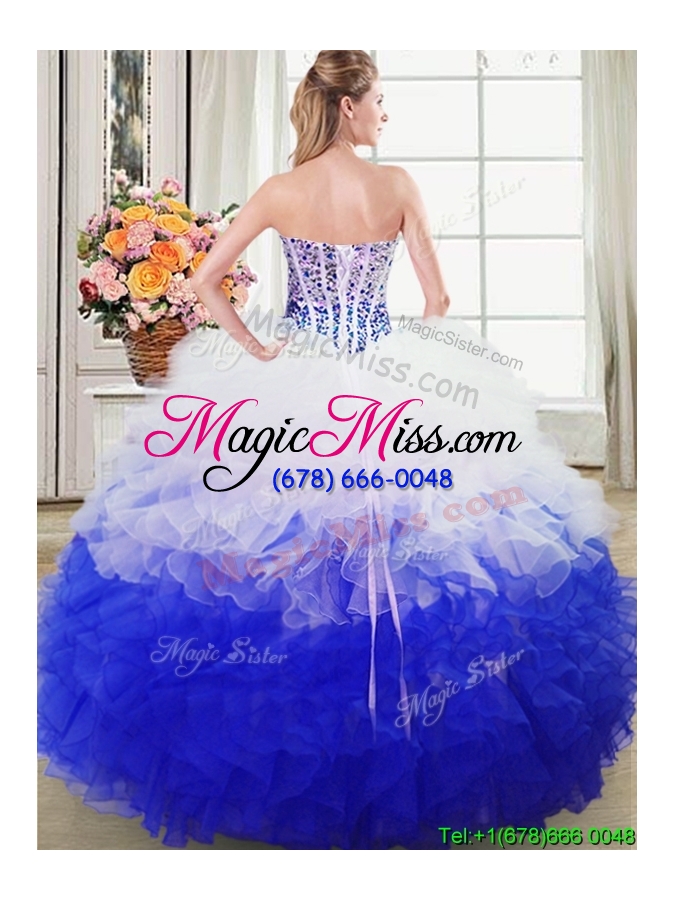 wholesale beautiful puffy sweetheart white and blue organza quinceanera dress with beading and ruffles