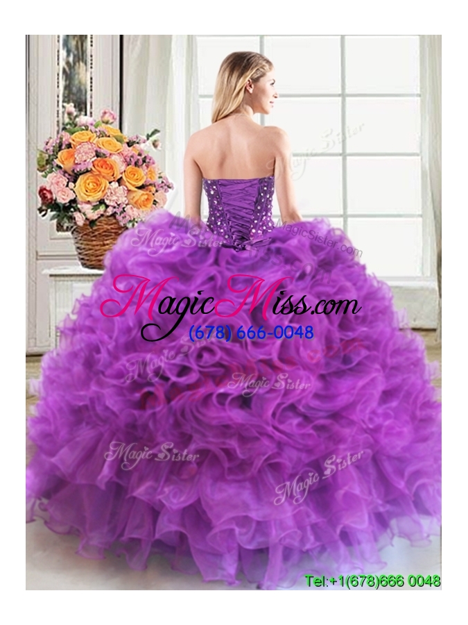 wholesale gorgeous sweetheart ruffled and beaded organza eggplant purple quinceanera dress