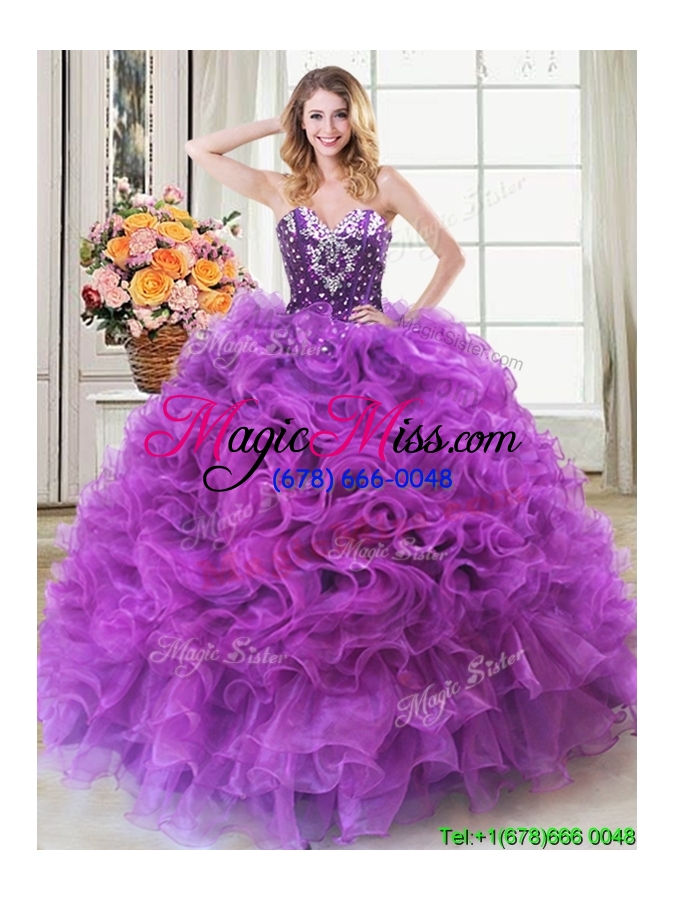 wholesale gorgeous sweetheart ruffled and beaded organza eggplant purple quinceanera dress