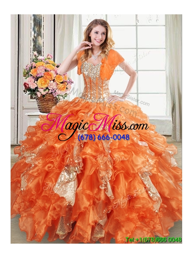 wholesale puffy visible boning sweetheart ruffled quinceanera dress in organza and sequins