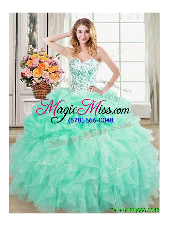 wholesale exclusive visible boning mint quinceanera dress with beaded bodice and ruffles