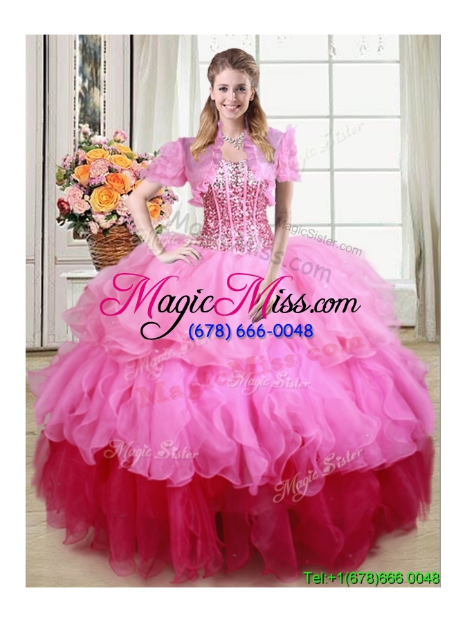 wholesale fashionable visible boning sequined and ruffled quinceanera dress in gradient color