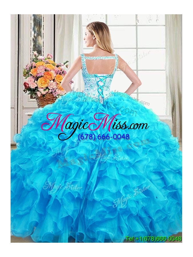 wholesale romantic straps baby blue quinceanera gown with laced bodice and beaded top