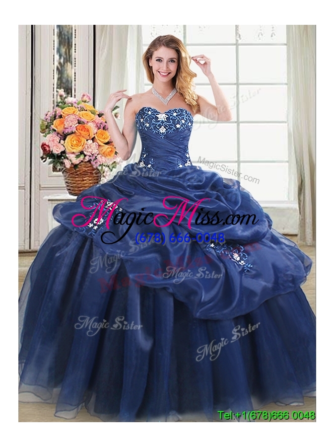 wholesale elegant navy blue sweetheart quinceanera dress with appliques and pick ups