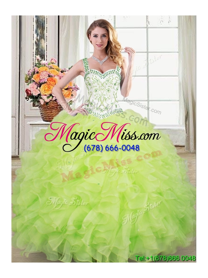 wholesale popular straps organza ruffled and beaded quinceanera dress in yellow green